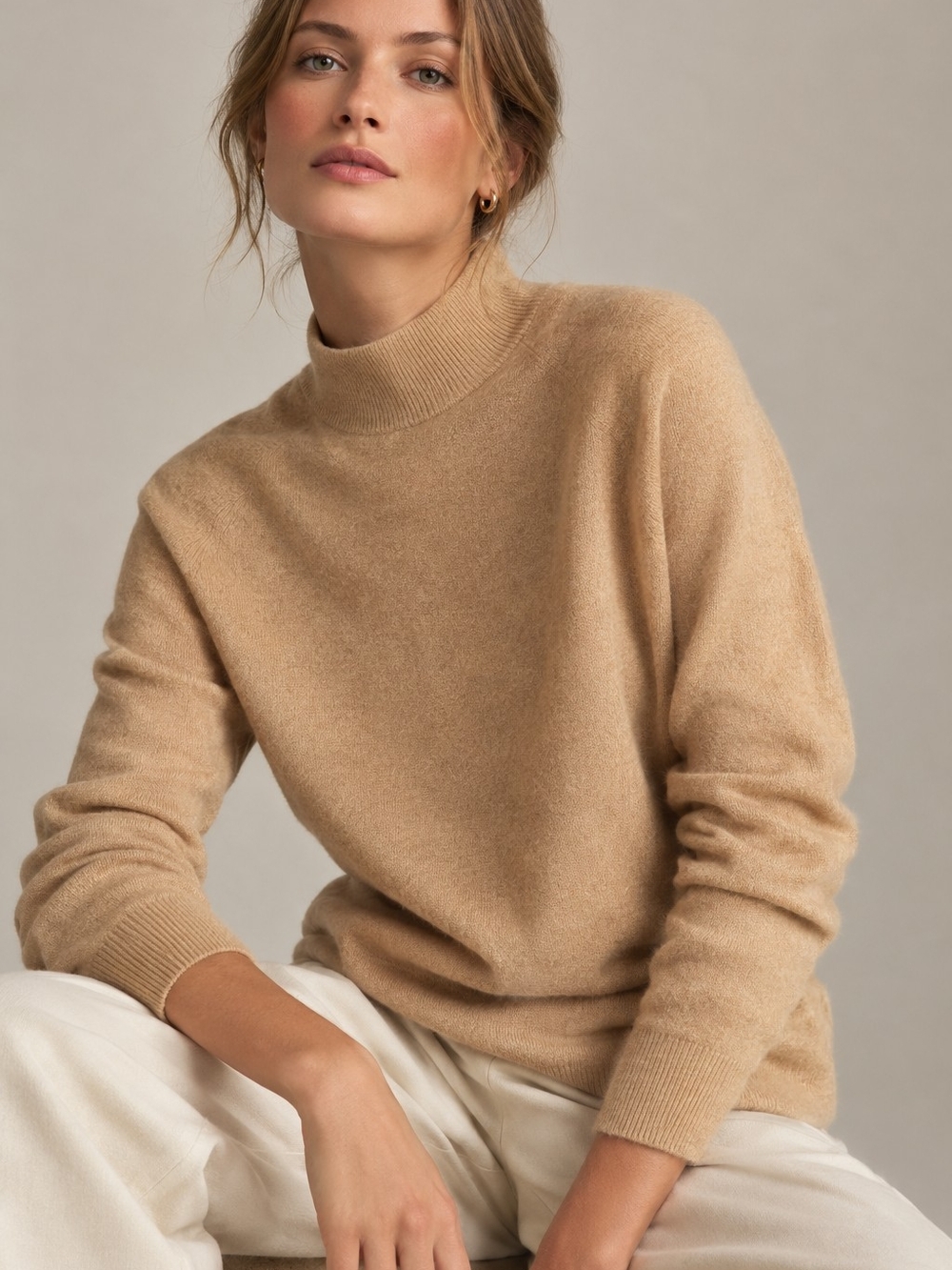 C.REID Camel 100% Cashmere Mock-neck sweater Lightweight Minimalist Fall